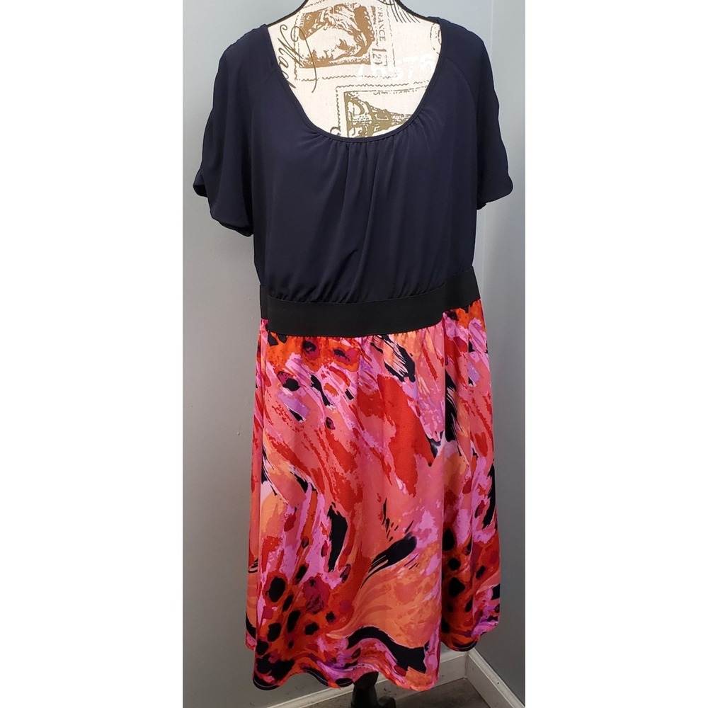Lane Bryant Midi Dress Womens 14/16 Multi Abstract Lined Stretch Ruched Sleeve